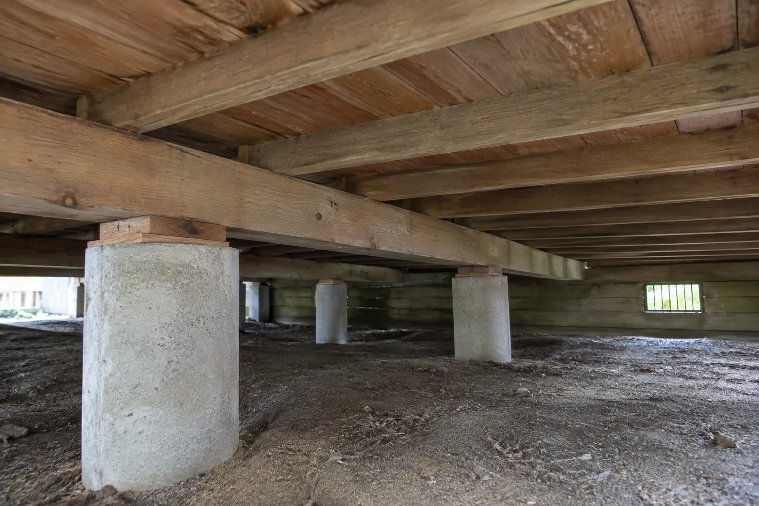 A dim subfloor under an old house, with concrete piles, timber bearers and joists