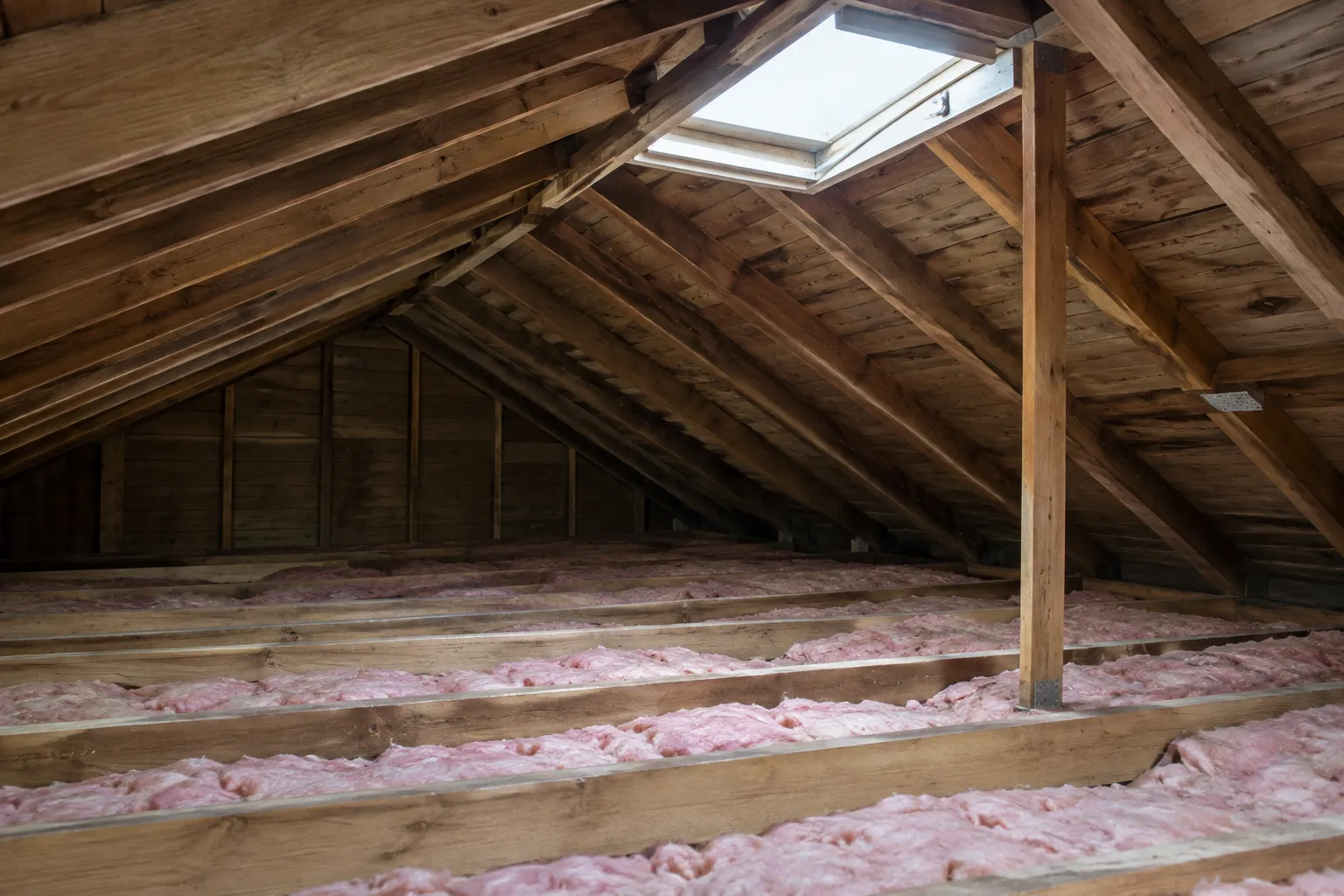 Bare timber rafters and ceiling joists in the roof space of an old house