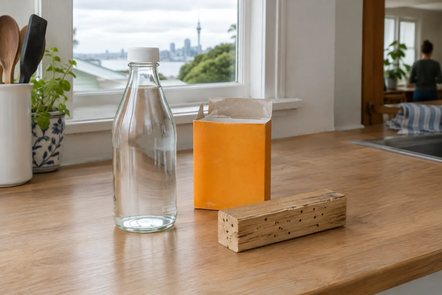 A bottle of vinegar and baking soda on a bench next to a piece of old timber with borer holes